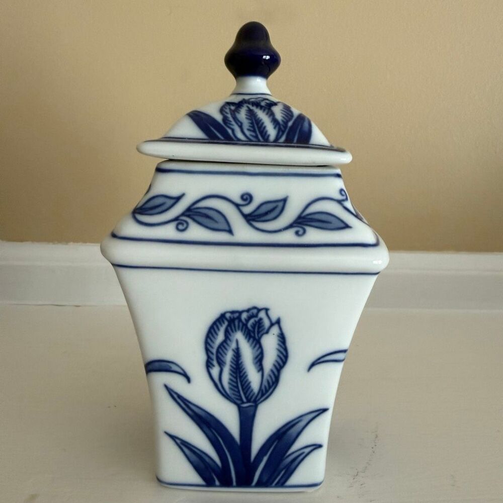Bombay Company Blue & White Tulip Lidded Container | Ceramic Decorative Jar